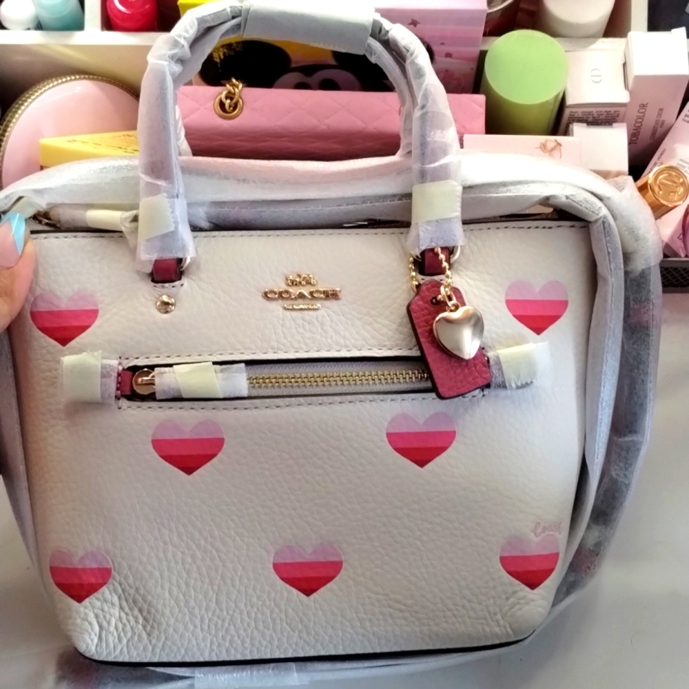 Coach Mini Gallery crossbody with stripe heart print.